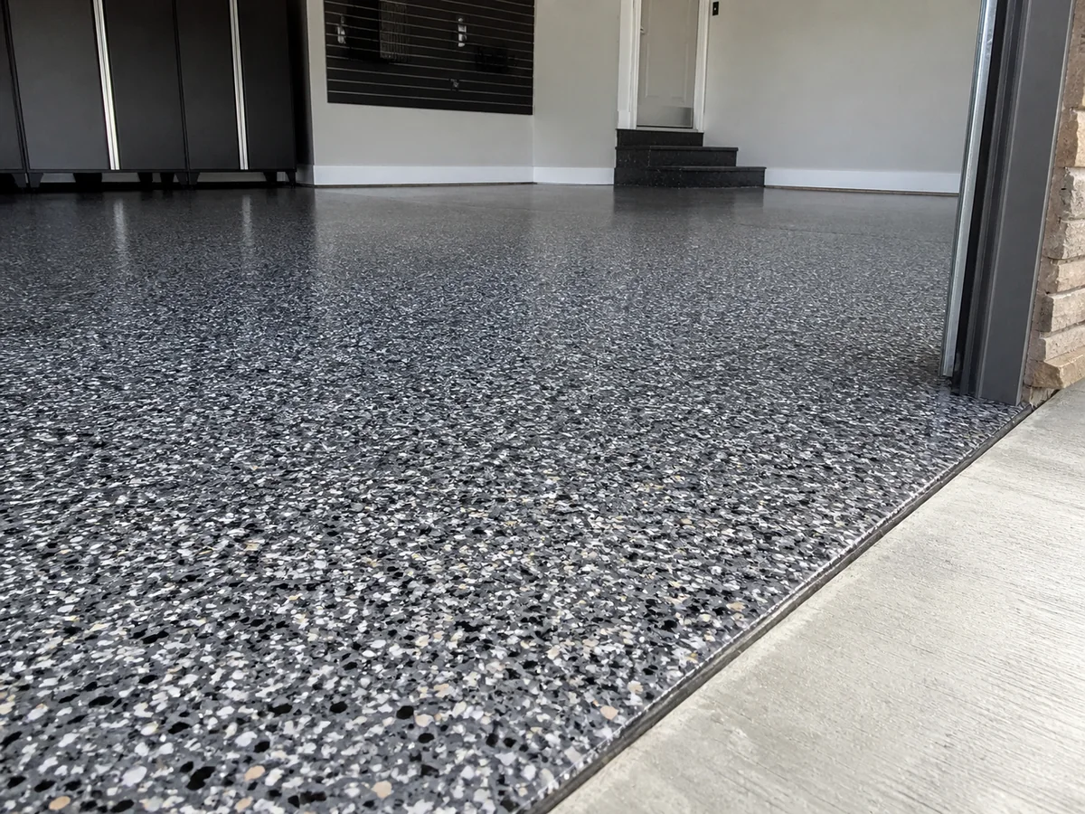 Decorative gray flake epoxy garage floor
