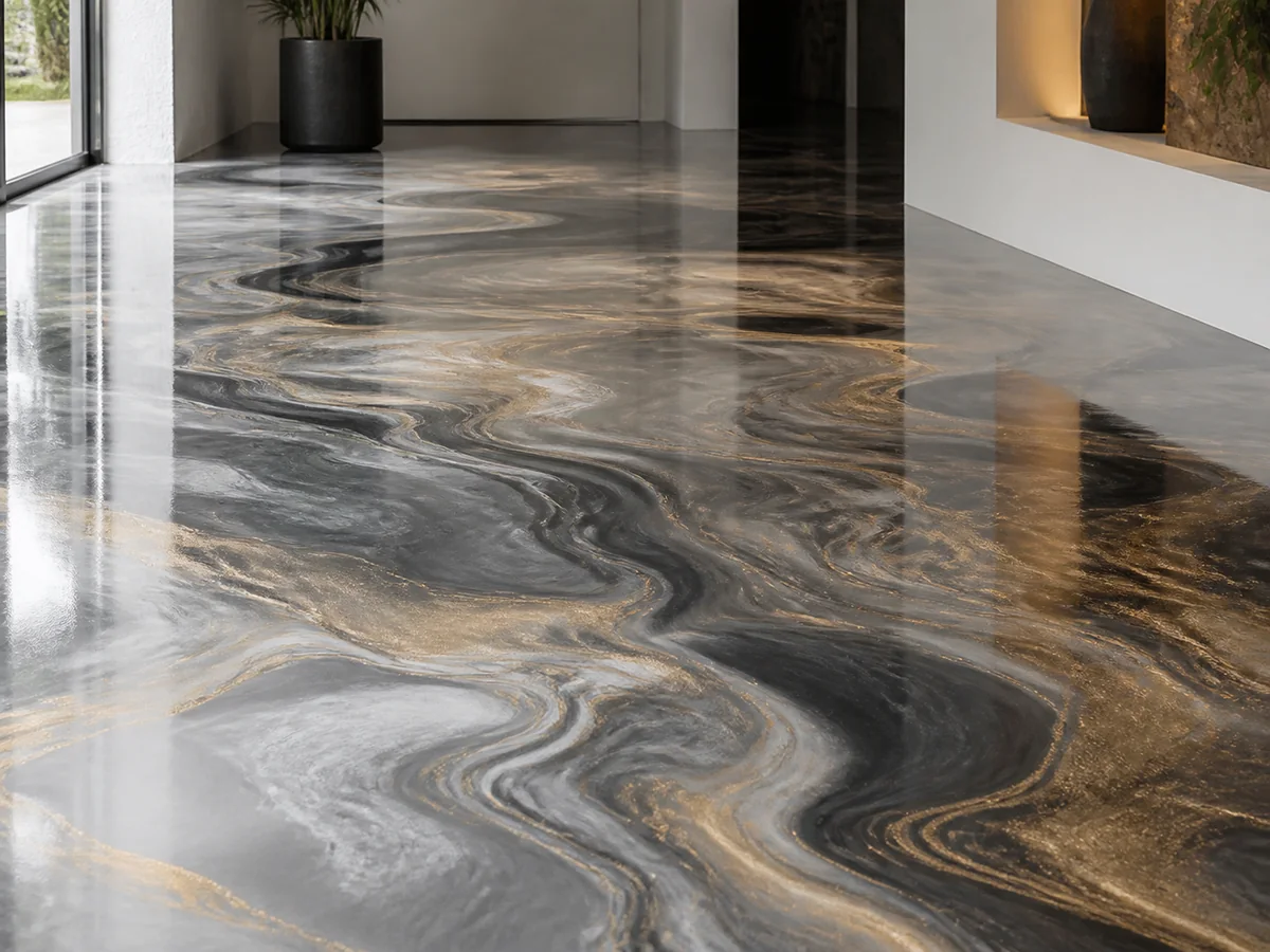 Charcoal, pearl and bronze metallic epoxy floor in a modern interior